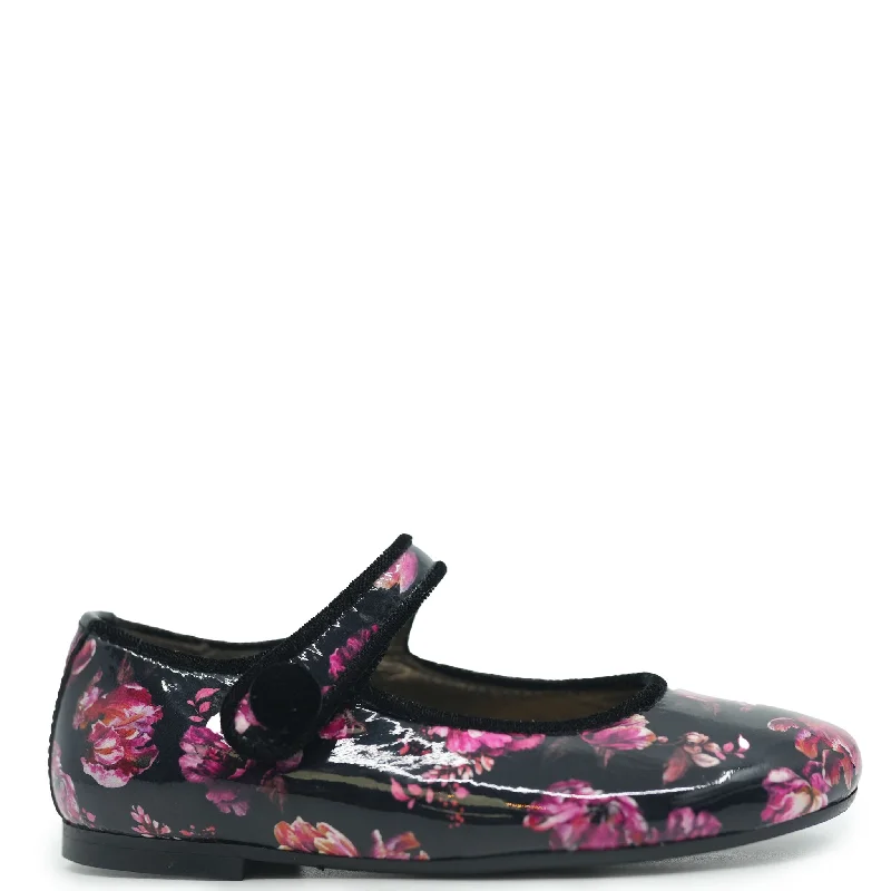 Papanatas Black and Pink Floral Patent Mary Jane