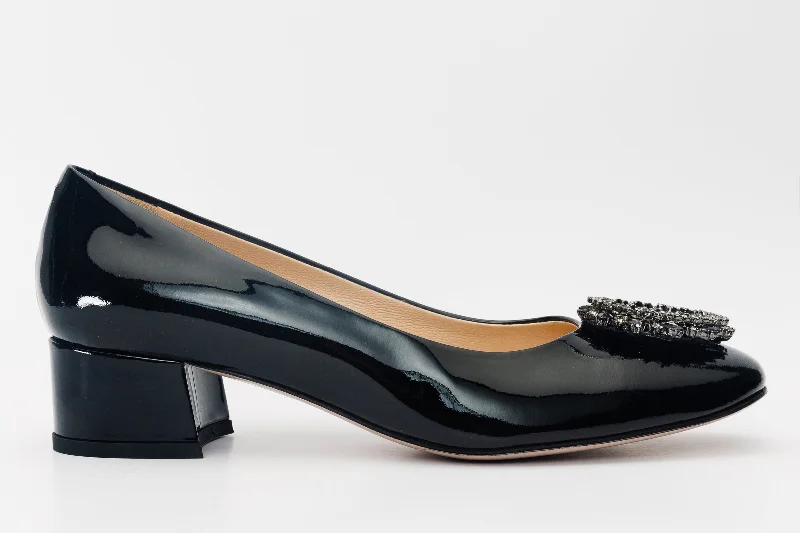 The Danish Black Patent Leather Block Heel Pump Women Shoe