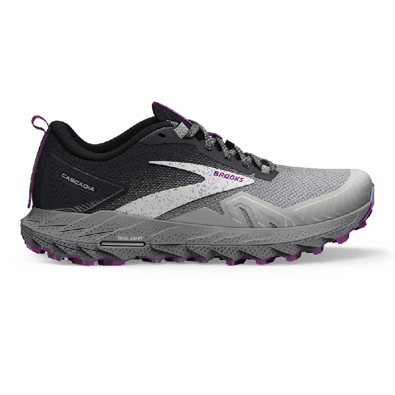 Women's Brooks Cascadia 17, Oyster/Blackened Pearl/Purple, 10.5 D Wide